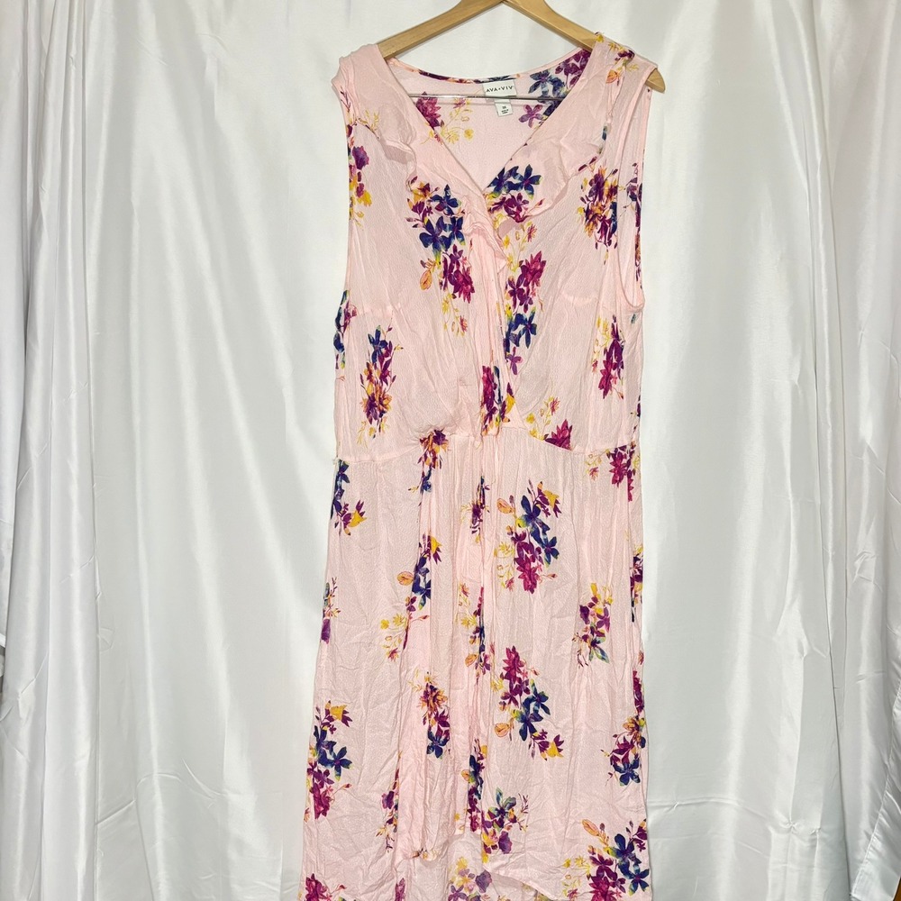 Ava & Viv Pink Floral Ruffle V-Neck High-Low Midi Dress Plus Size 3X